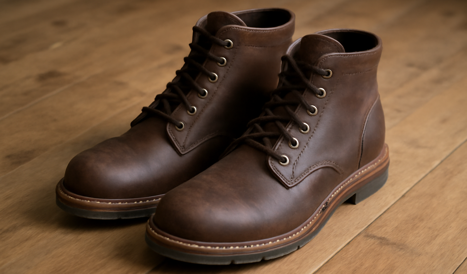chaussures montantes posees sur sol en bois