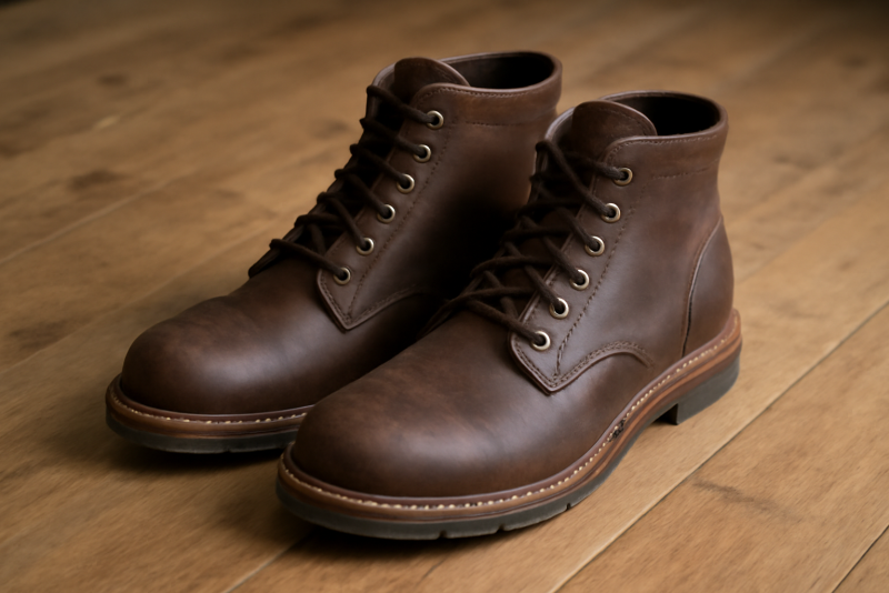 chaussures montantes posees sur sol en bois