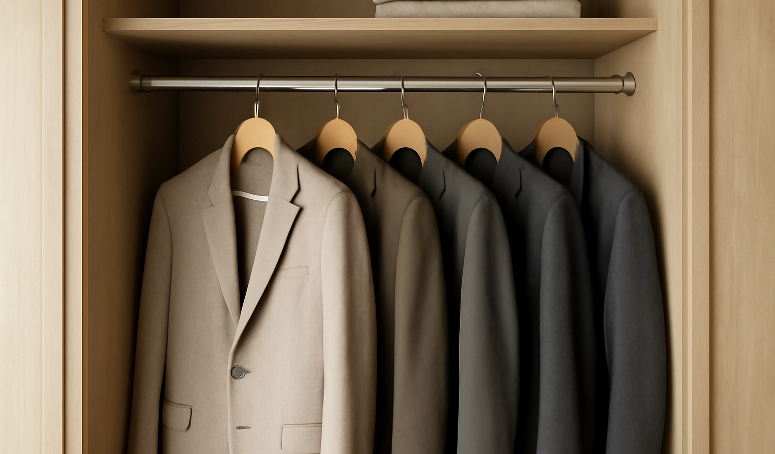 armoire ordonnée avec quelques vestes suspendues
