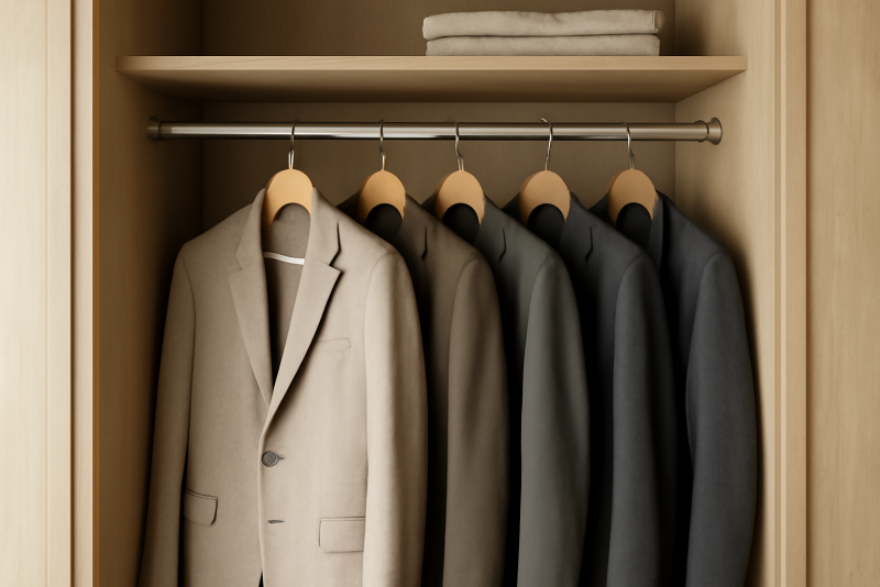armoire ordonnée avec quelques vestes suspendues