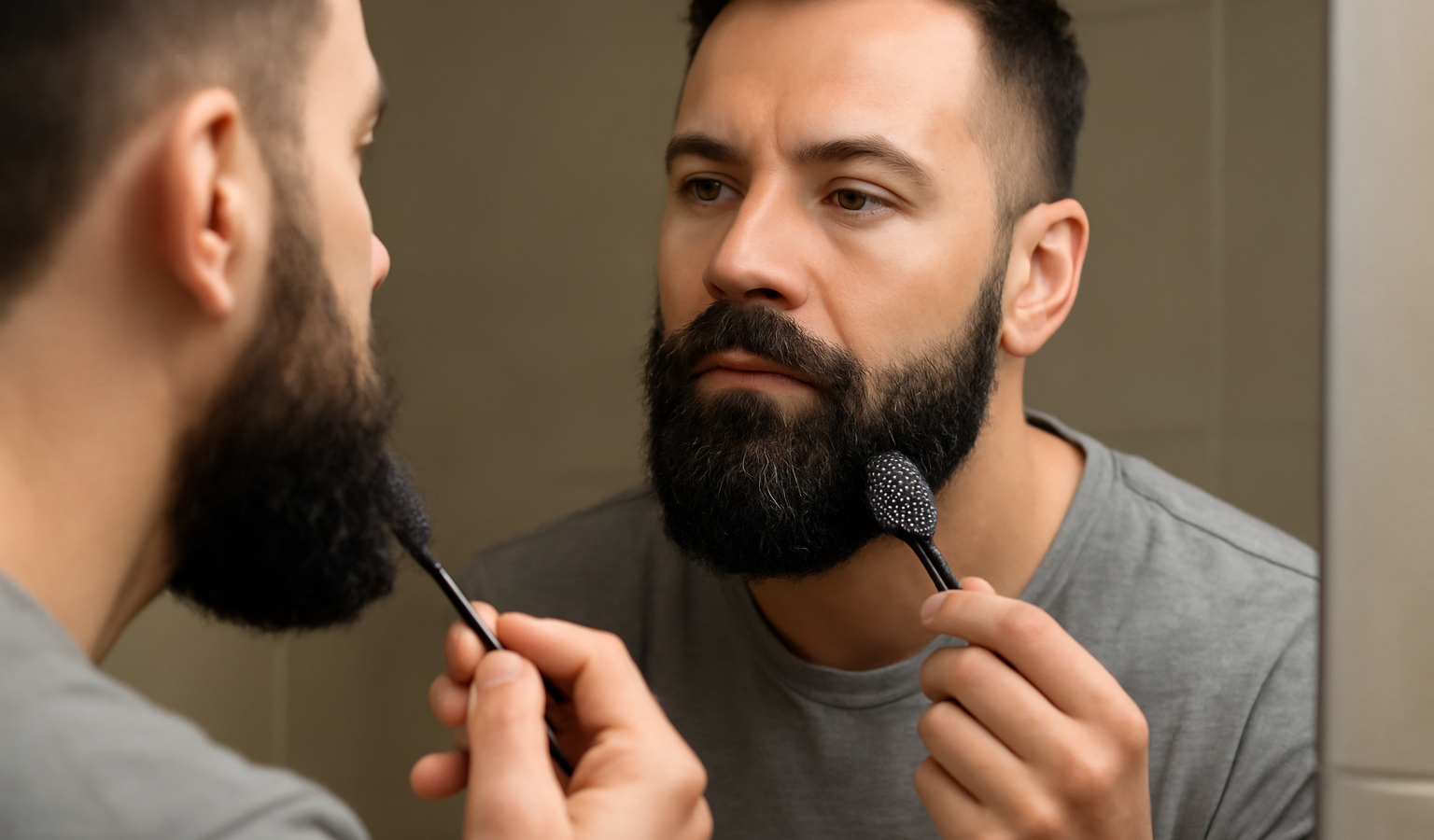 homme peignant sa barbe devant miroir