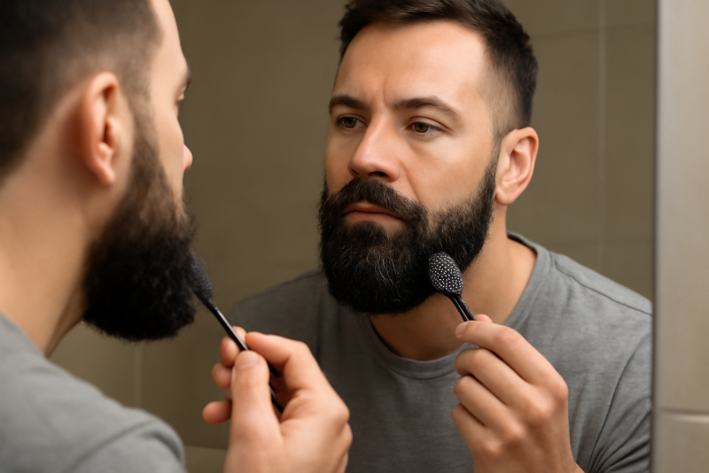 homme peignant sa barbe devant miroir