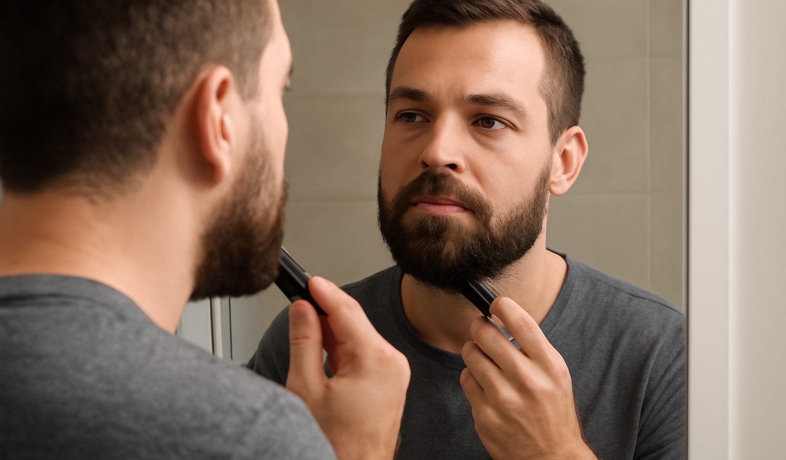 homme coiffant sa barbe courte devant miroir