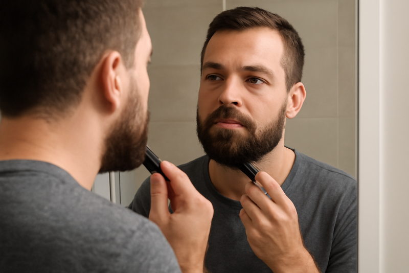 homme coiffant sa barbe courte devant miroir