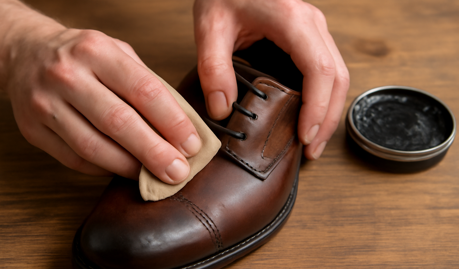 mains appliquant cire sur chaussure en cuir