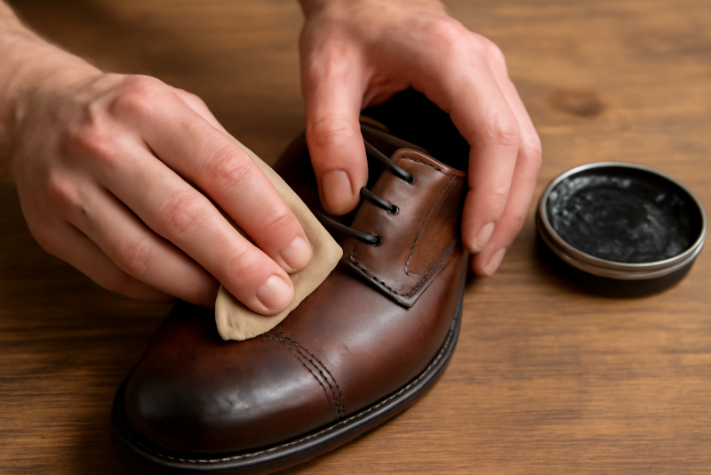 mains appliquant cire sur chaussure en cuir