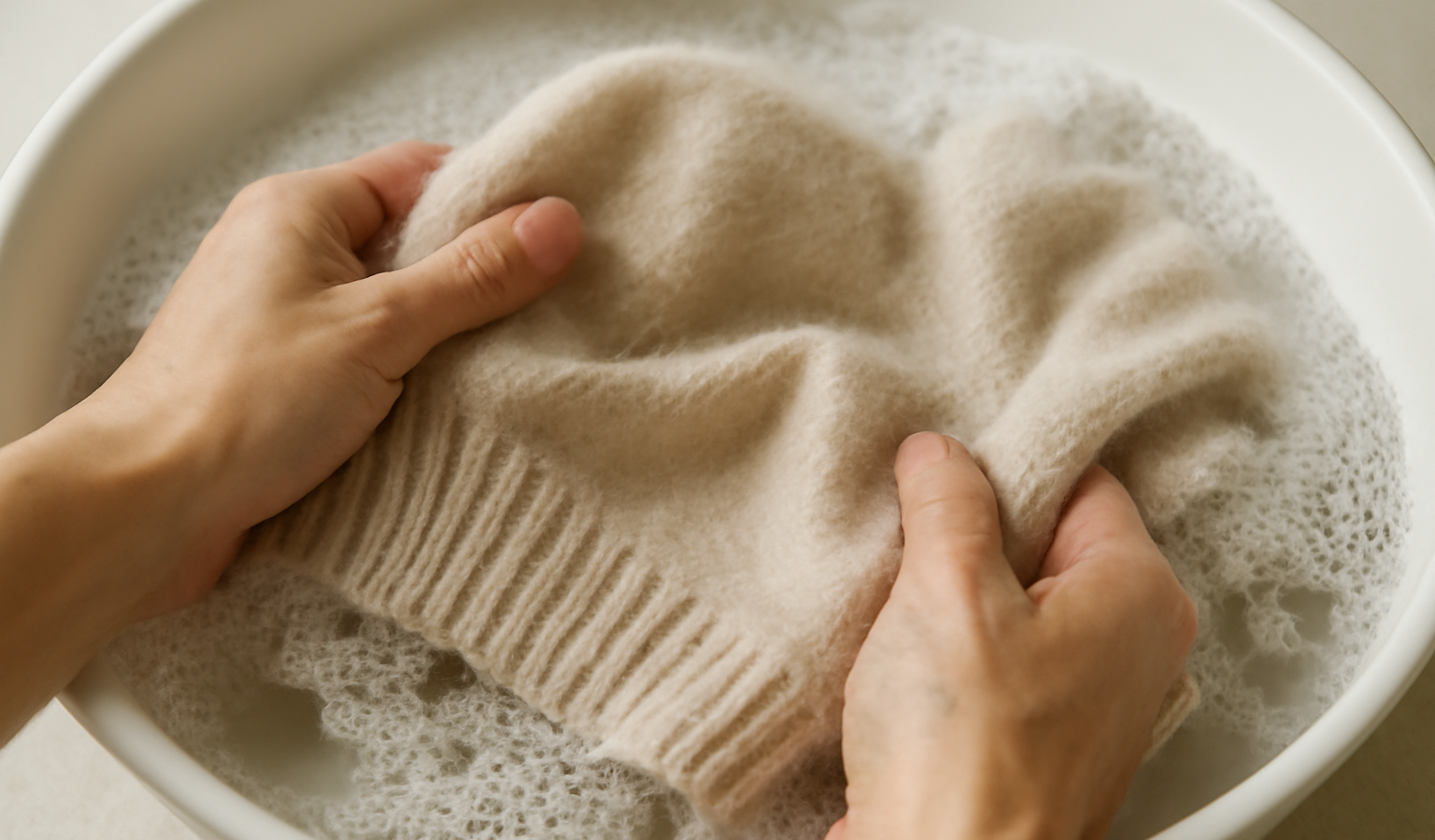 mains lavant délicatement un pull en laine