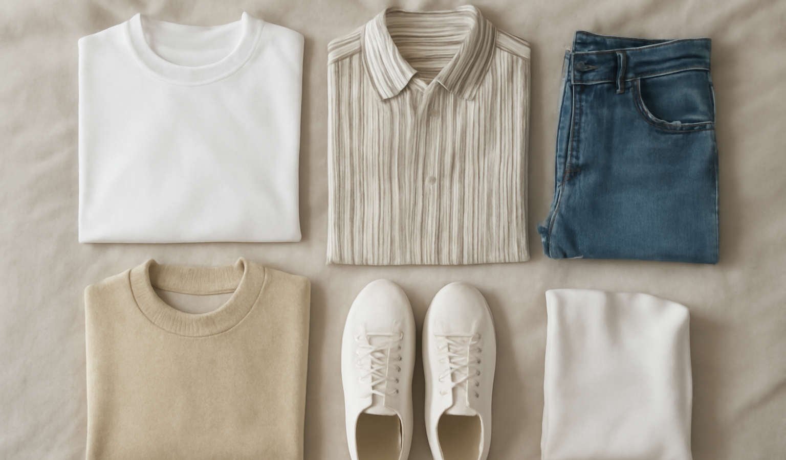 vêtements essentiels posés sur lit rangés