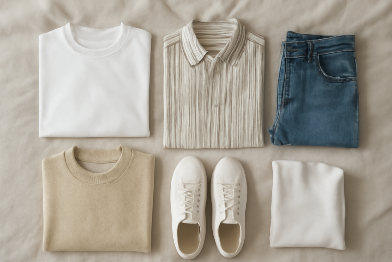 vêtements essentiels posés sur lit rangés