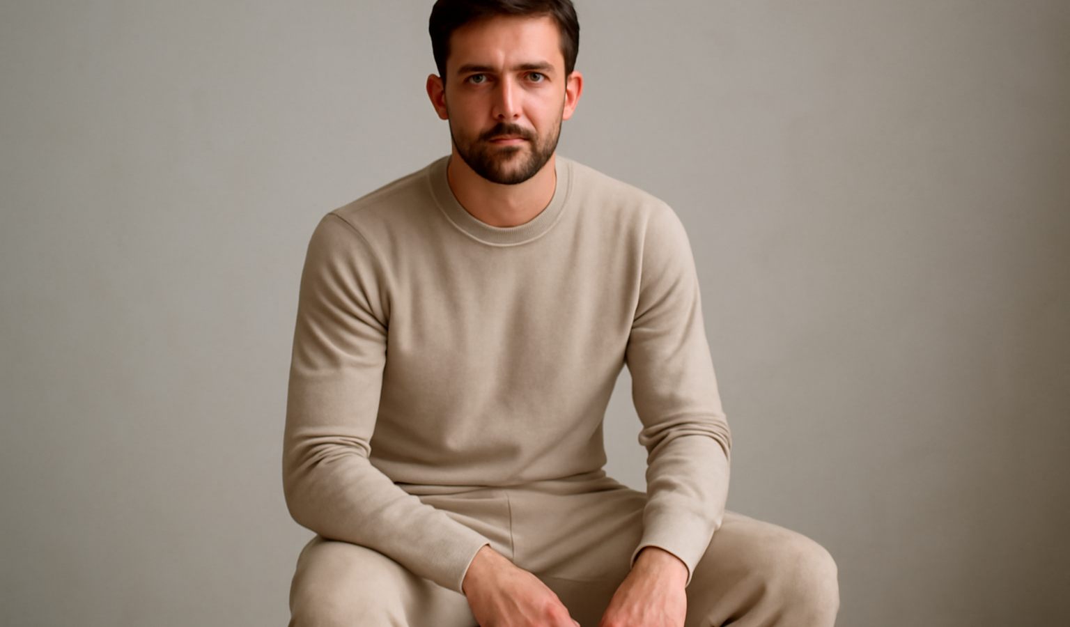 homme habille en tenue monochrome assis
