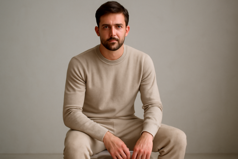 homme habille en tenue monochrome assis