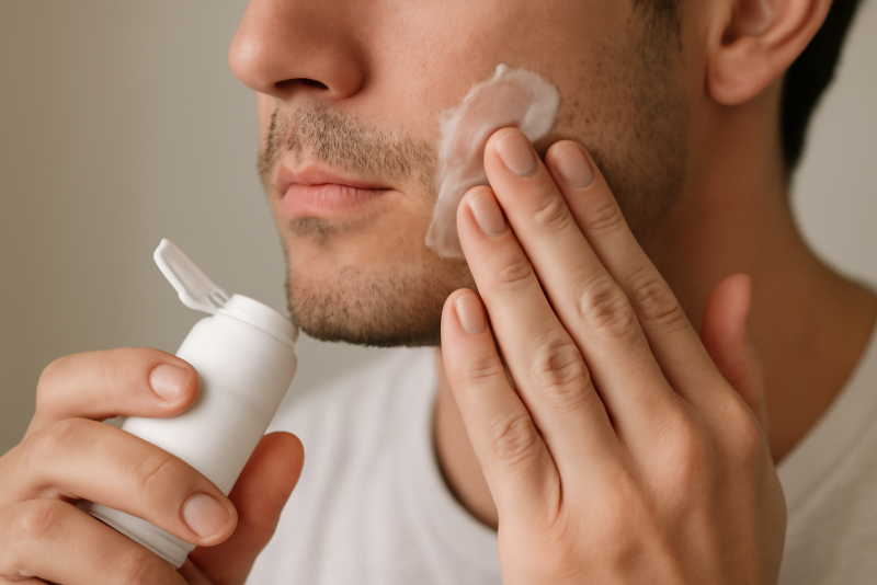 mains appliquant baume après-rasage sur visage