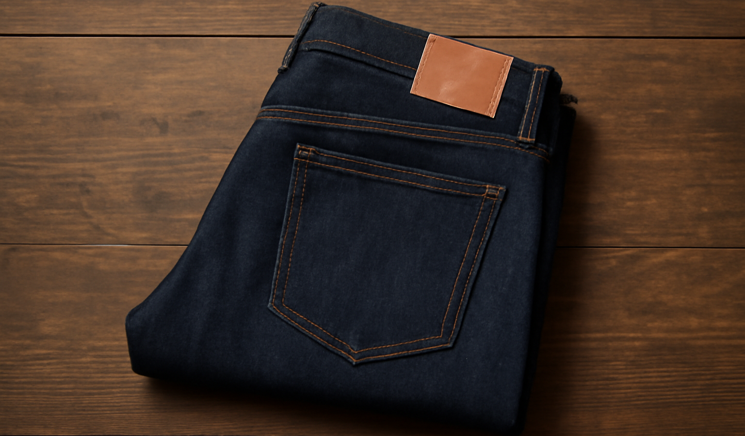 paire de jeans bruts plies sur table en bois