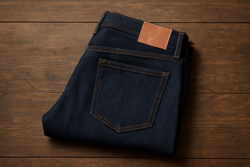 paire de jeans bruts plies sur table en bois