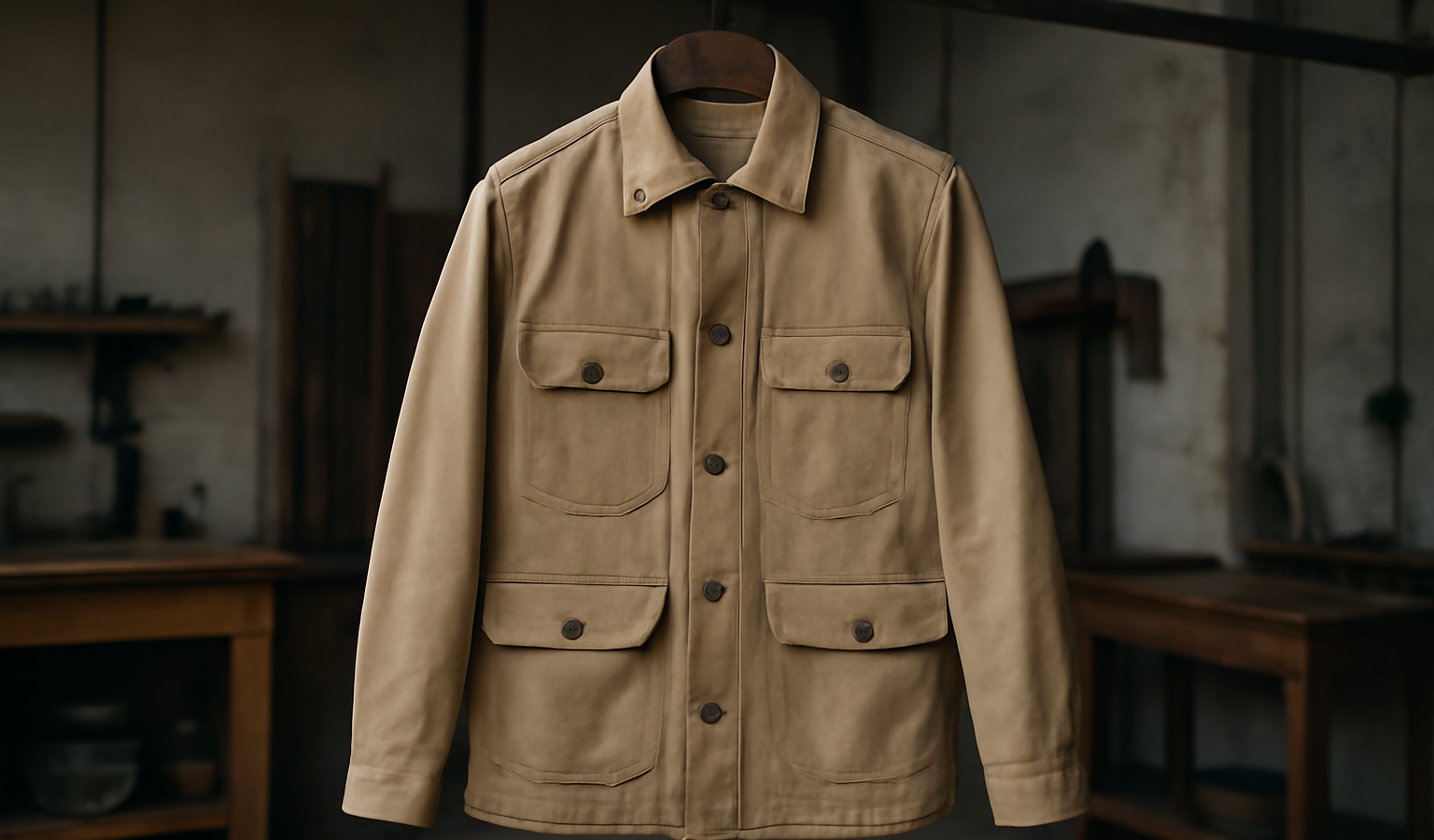 veste originale suspendue dans un atelier sobre