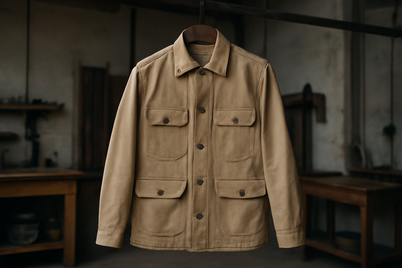 veste originale suspendue dans un atelier sobre