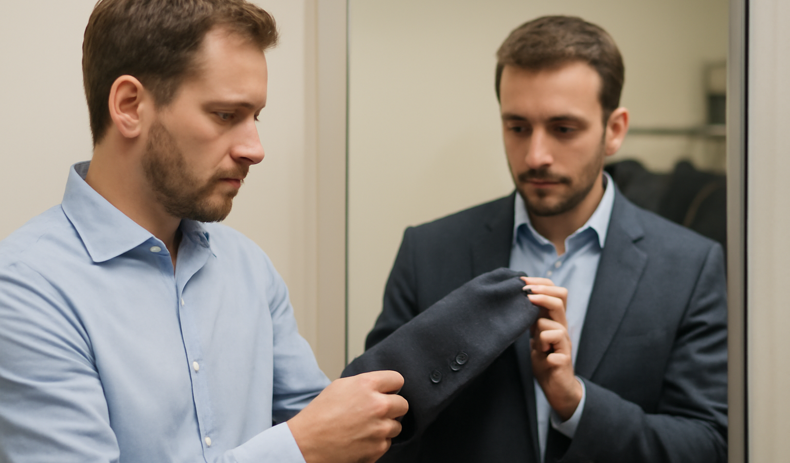 homme regardant manches de veste devant miroir