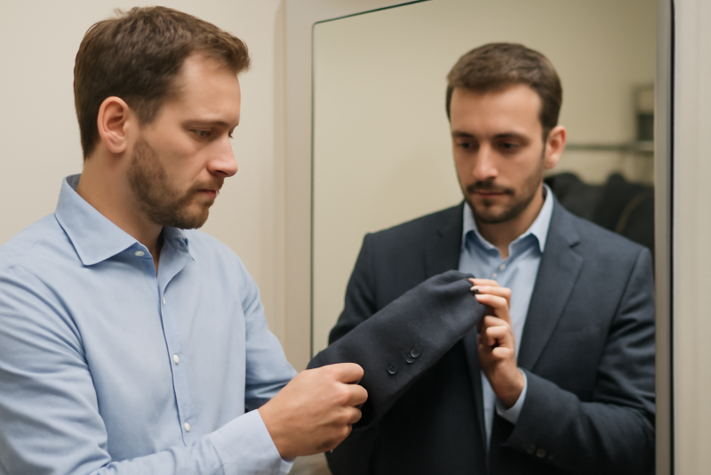 homme regardant manches de veste devant miroir