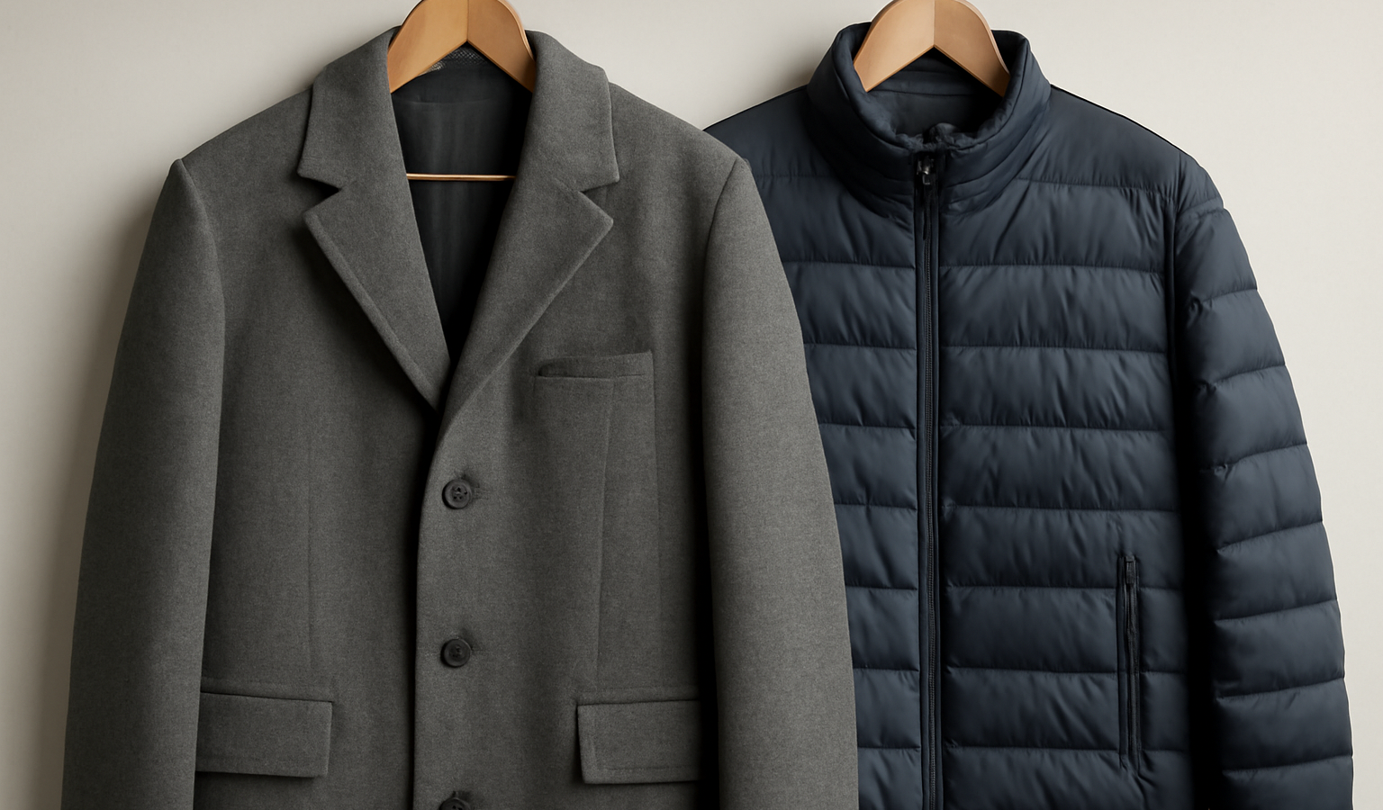 manteau en laine et veste matelassee cote a cote