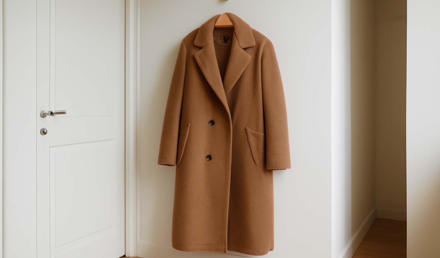 manteau long accroché dans une entrée épurée