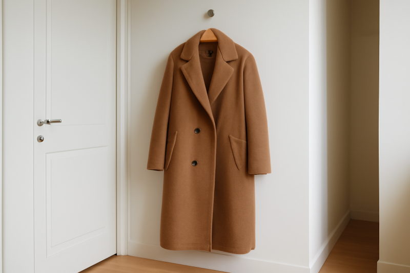 manteau long accroché dans une entrée épurée