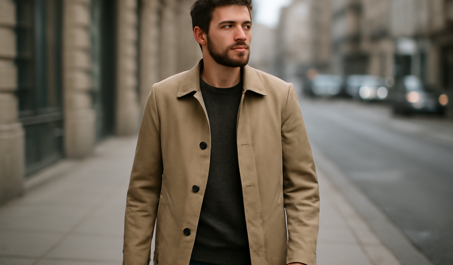 homme portant manteau mi saison en rue