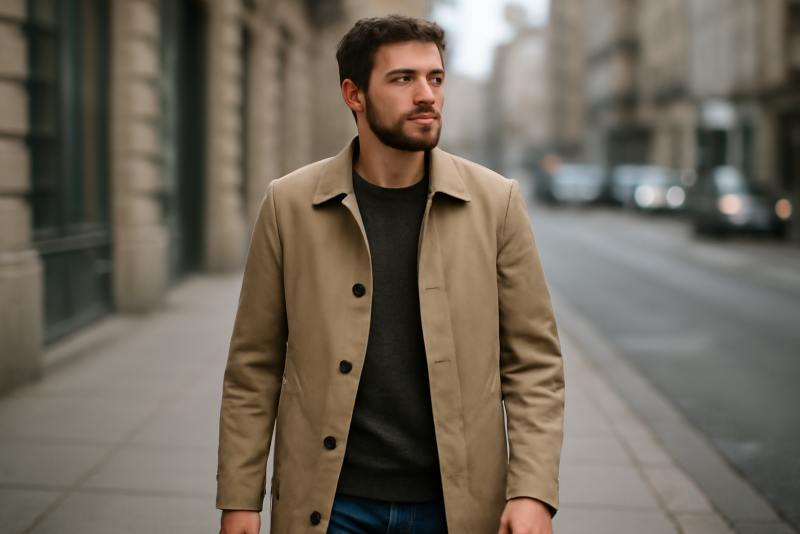 homme portant manteau mi saison en rue
