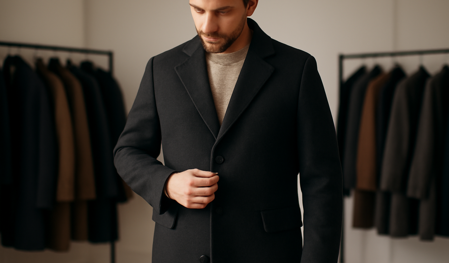 homme essayant un manteau long sobre