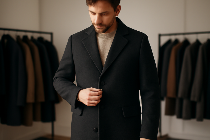 homme essayant un manteau long sobre