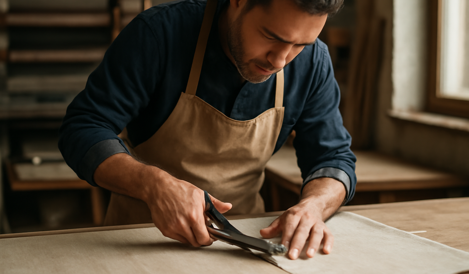 artisan coupant tissu sur table d'atelier