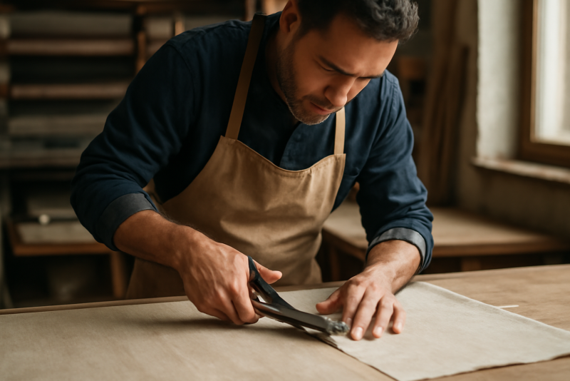 artisan coupant tissu sur table d'atelier