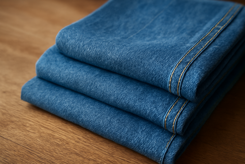 morceaux de toile denim pliés sur table