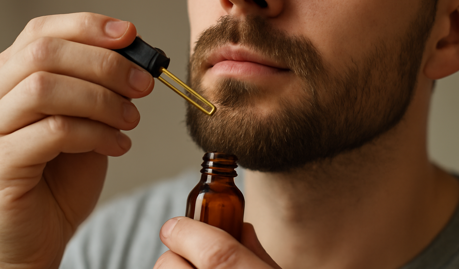 mains appliquant huile sur barbe courte