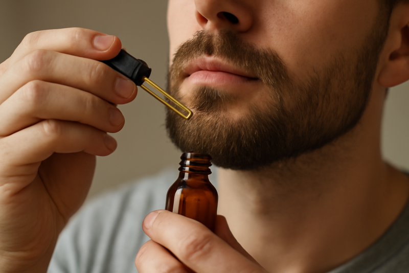mains appliquant huile sur barbe courte