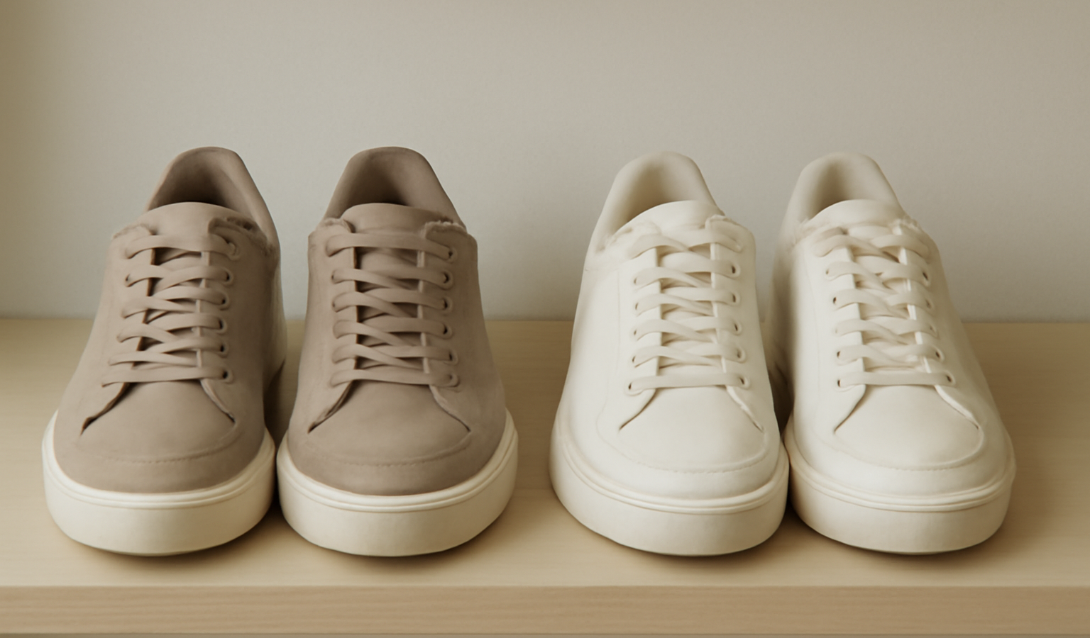 deux paires de sneakers alignees sur etagere