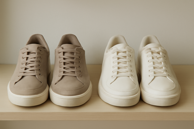 deux paires de sneakers alignees sur etagere