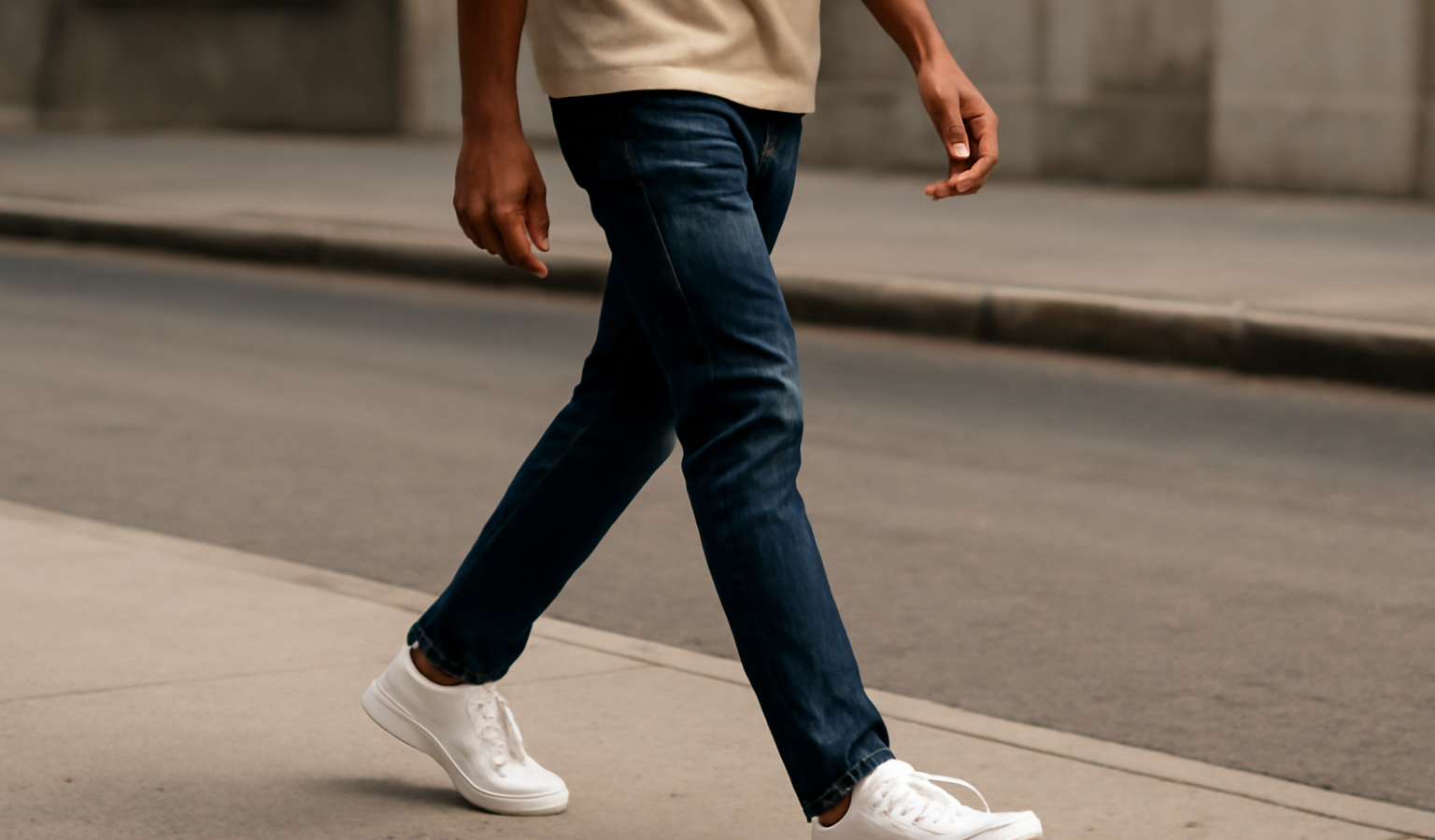 homme marchant en baskets blanches dans la rue