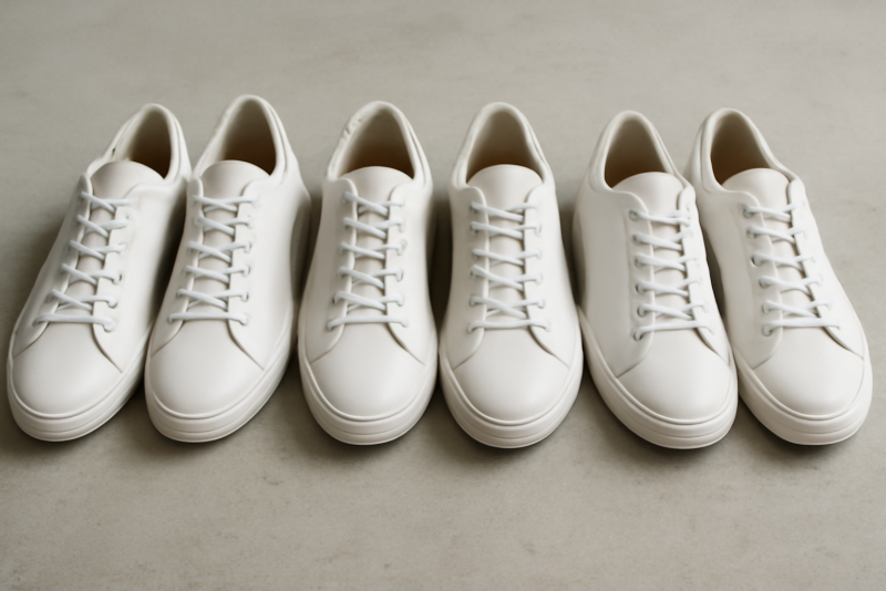 paires de baskets blanches rangees cote a cote