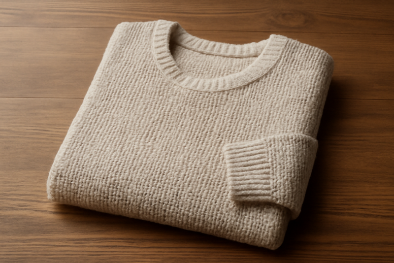 pull maille neutre pose sur table