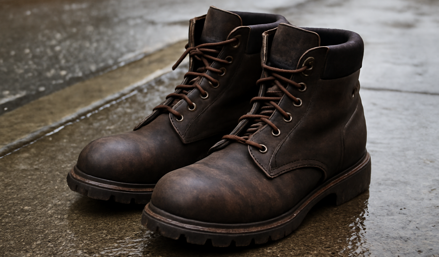 bottes robustes posées sur trottoir mouillé