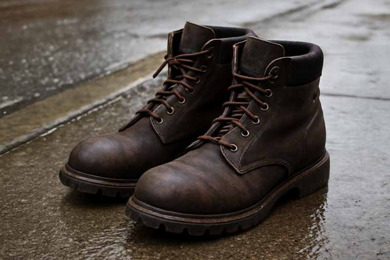 bottes robustes posées sur trottoir mouillé