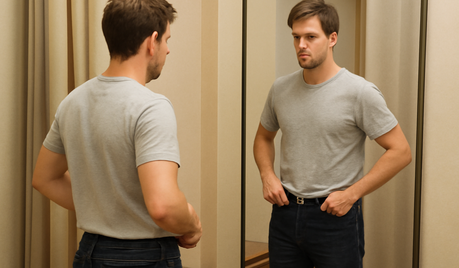 homme essayant pantalon devant miroir en cabine