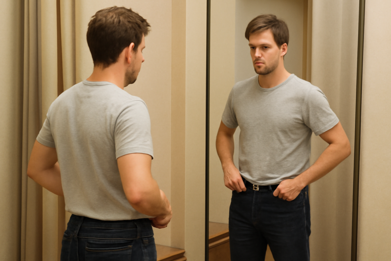 homme essayant pantalon devant miroir en cabine