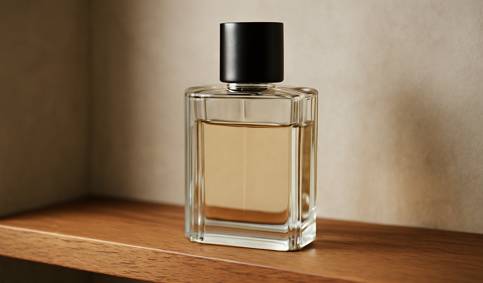 bouteille de parfum sobre sur étagère en bois