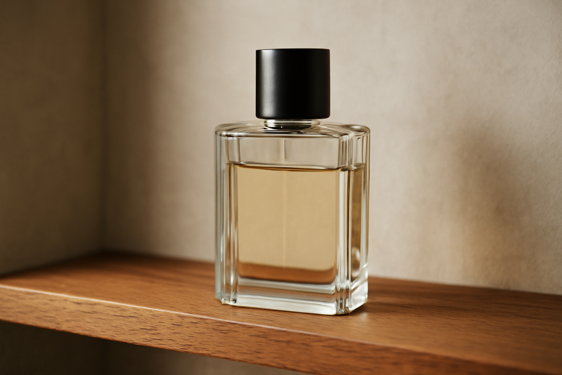 bouteille de parfum sobre sur étagère en bois