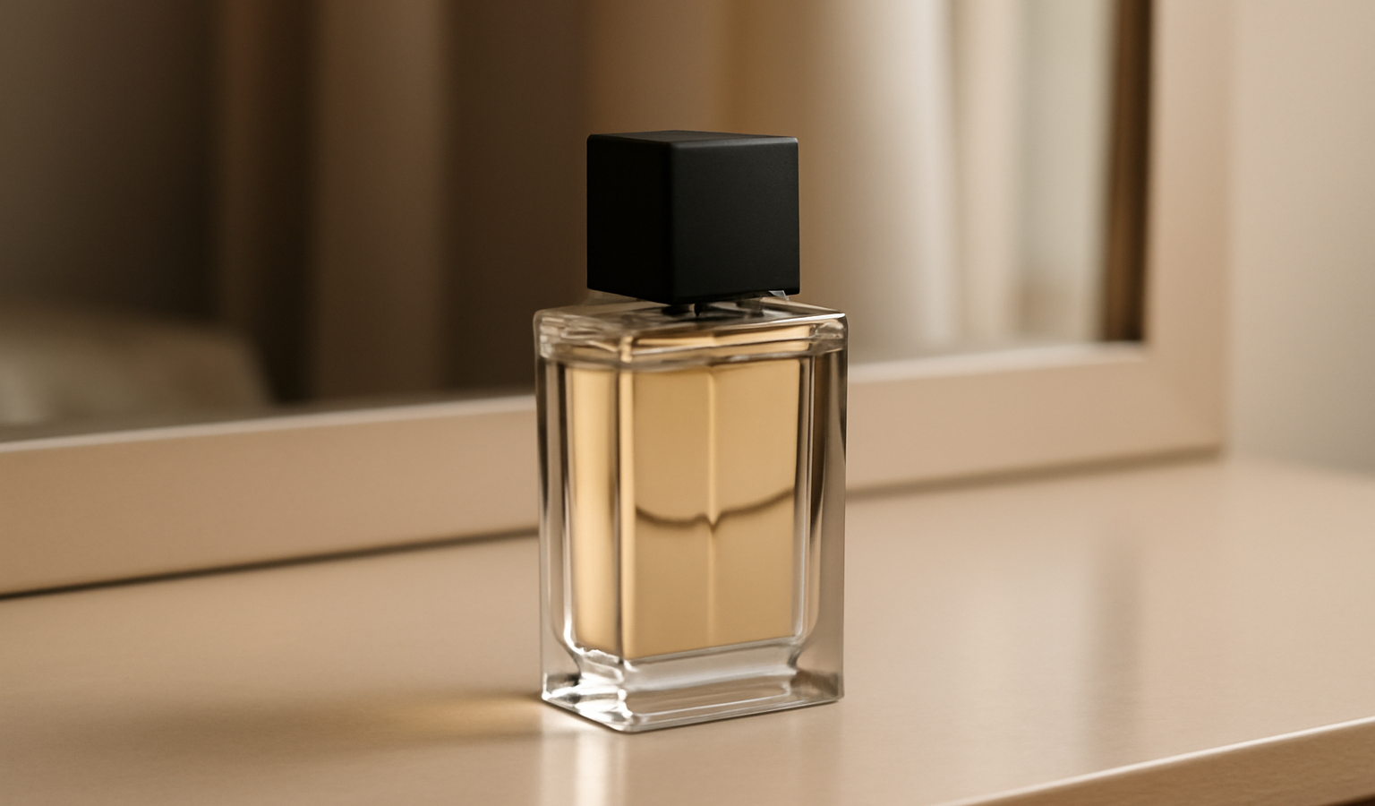 flacon de parfum minimaliste sur coiffeuse