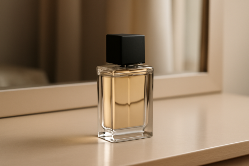 flacon de parfum minimaliste sur coiffeuse