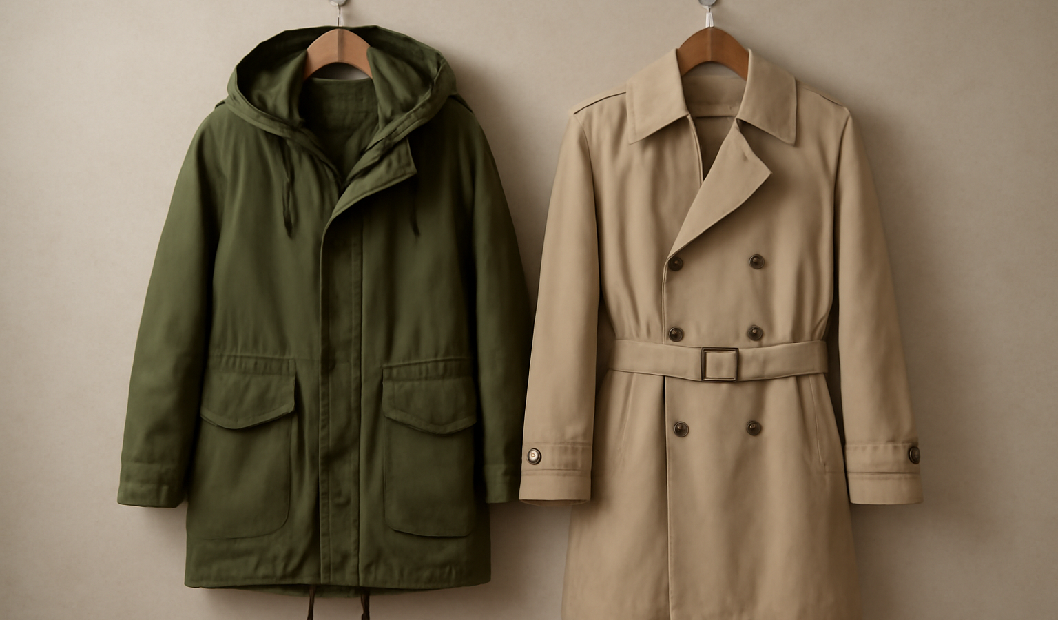 parka et trench suspendus cote a cote
