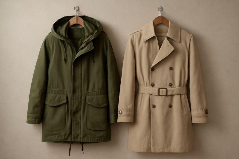 parka et trench suspendus cote a cote