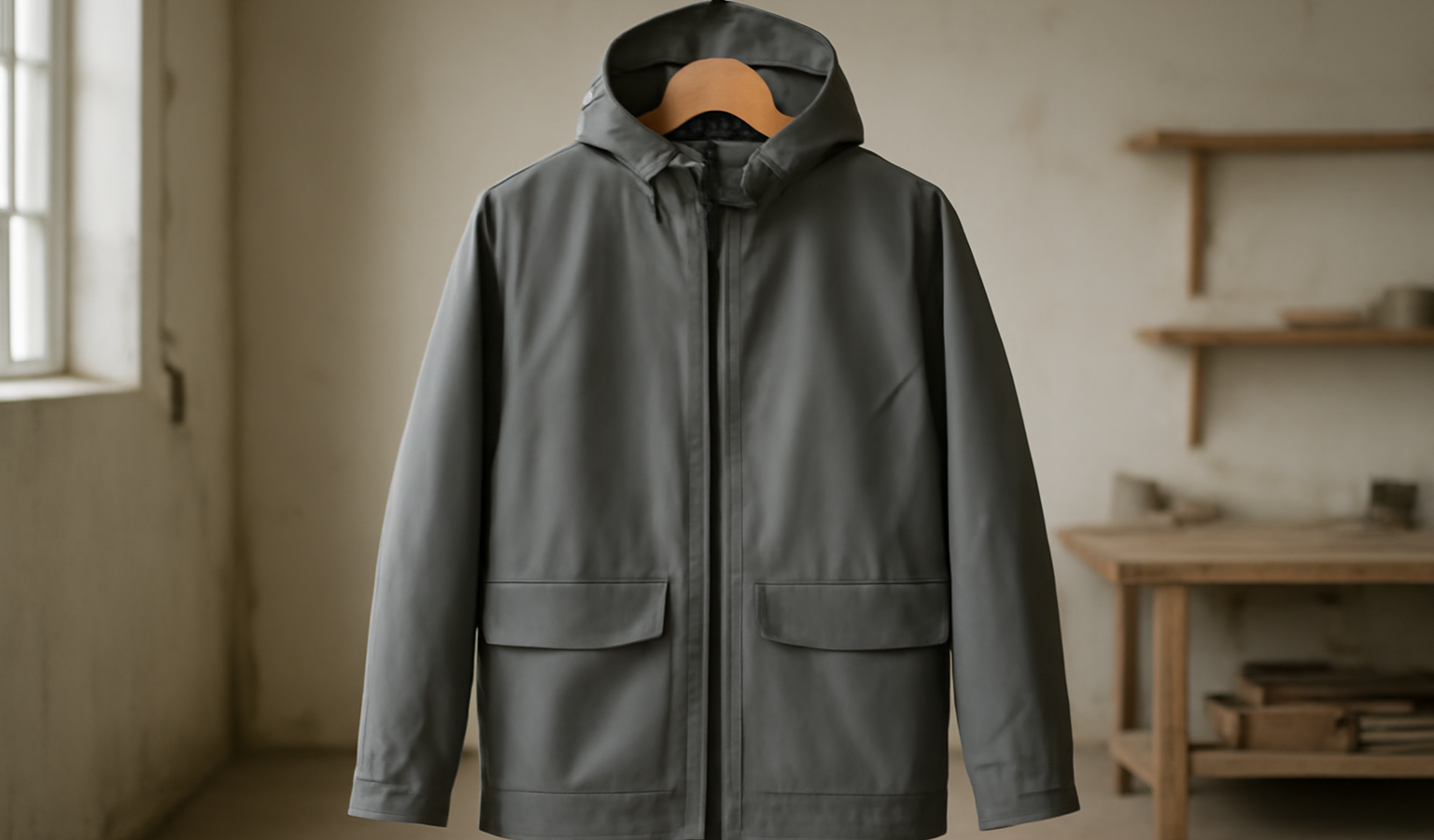veste imperméable suspendue dans atelier neutre